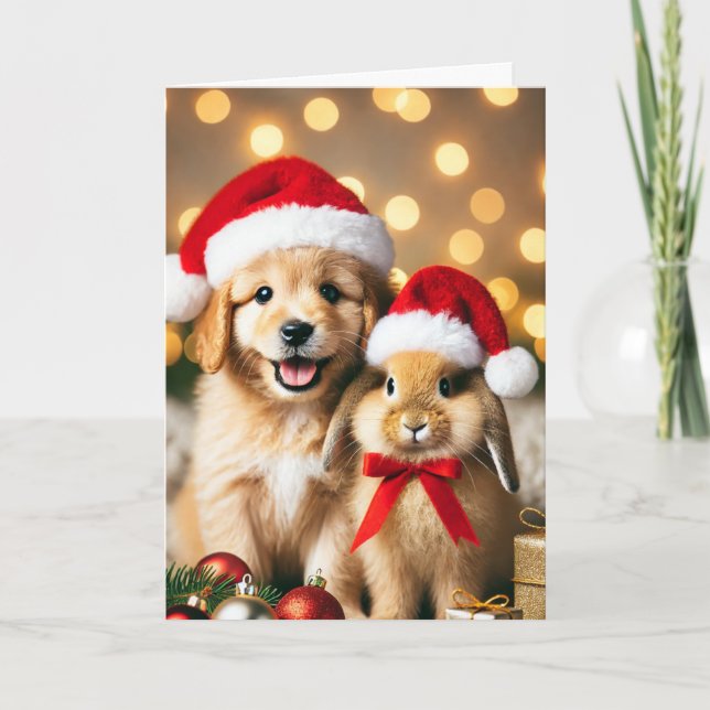 Carte de Noël avec un chien et un lapin (Devant)