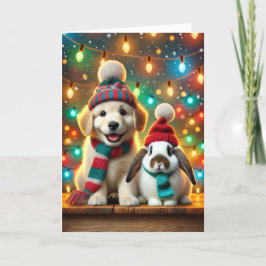 Carte de Noël avec un chien et un lapin