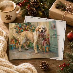 Carte de Noël avec un Golden Retriever et un sapin