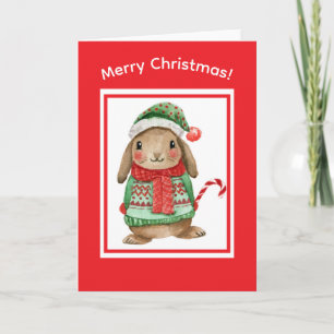 Carte de Noël avec un lapin mignon et une canne à