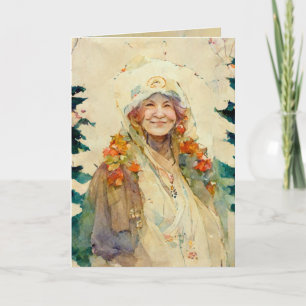 Carte de Noël avec vieille femme aquarelle hiver