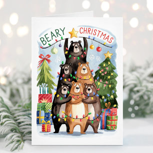 Carte de Noël Beary Bears de l'aquarelle mignonne