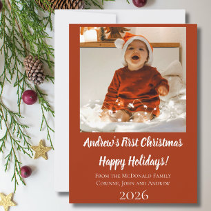 Carte de Noël bébé premier Noël rouge nom année