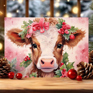Carte de Noël bébé vache au houx aquarelle rose