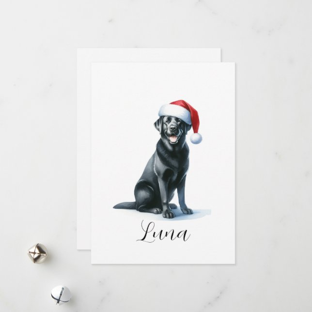 Carte de Noël Black Lab Dog à Santa Hat (Devant/Arrière en situation)