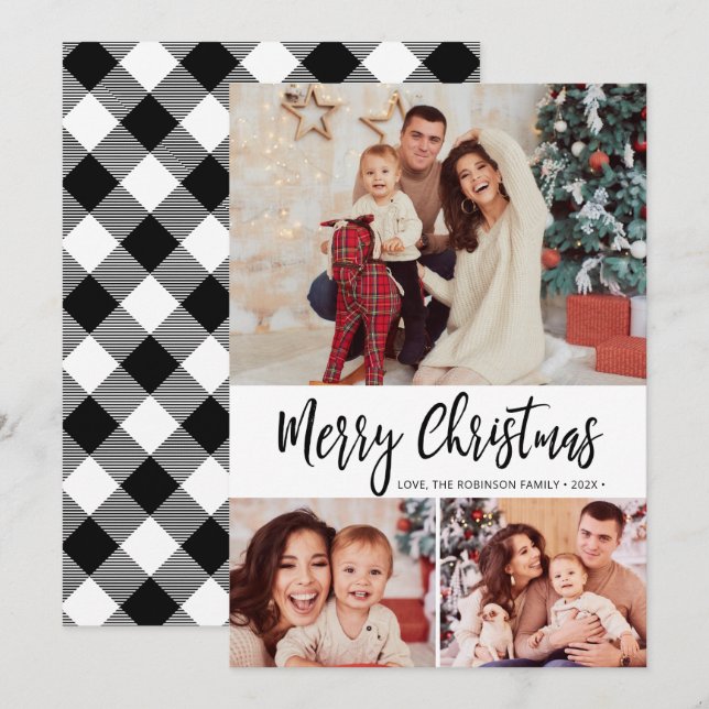 Carte de Noël Black White Plaid 3 Photo Collage (Devant / Derrière)