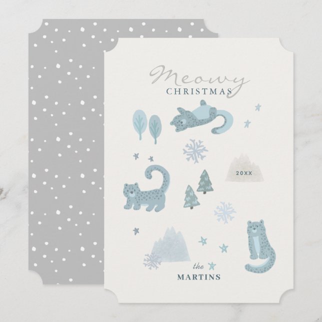 Carte de Noël bleu Léopard de neige Meowy (Devant / Derrière)