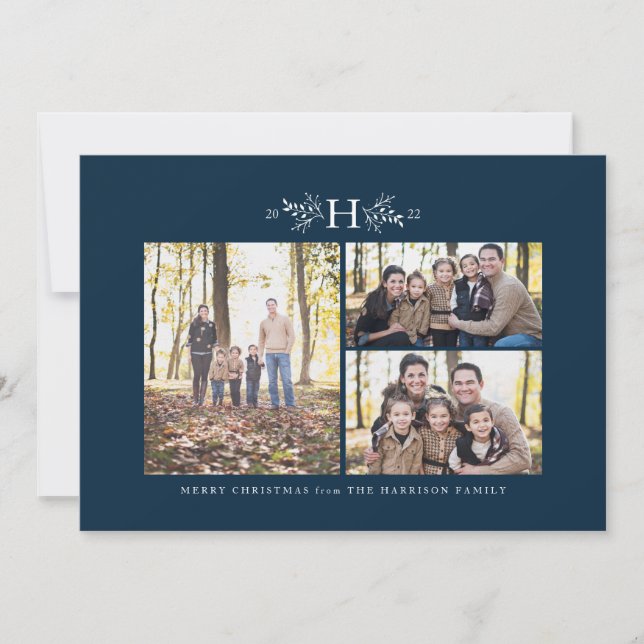 Carte de Noël bleu marine Monogram trois photo (Devant)