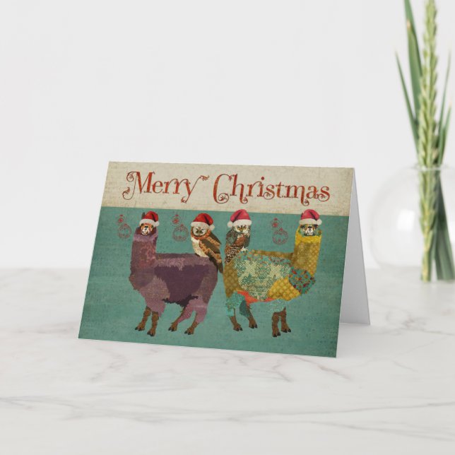 Carte de Noël bleue Alpacas & Chouettes (Devant)