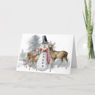 Carte de Noël bonhomme de neige en forêt