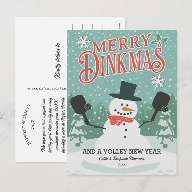 Carte de Noël Bonhomme de Neige Pickleball Drôle J (Devant / Derrière)