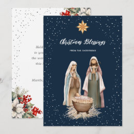 Carte de Noël botanique chrétienne Nativité Bleue