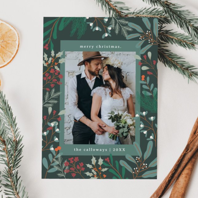 Carte de Noël Botanique Green Photo Holiday (Créateur téléchargé)