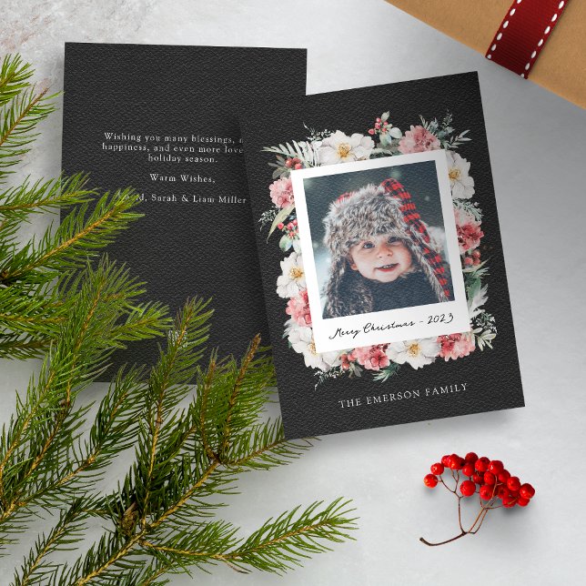 Carte de Noël Botanique Photo Noire (Black Merry Christmas Photo Holiday Card with Elegant Watercolor Botanical Florals Berries)