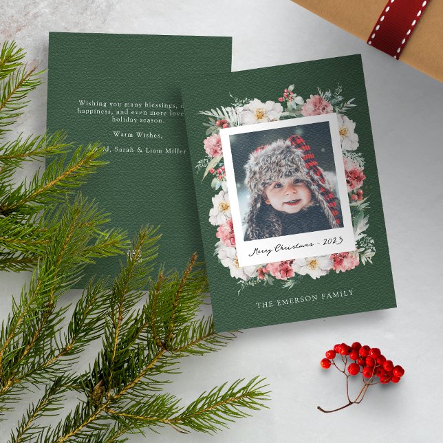 Carte de Noël Botanique Photo Verte (Red Merry Christmas Photo Holiday Card with Elegant Watercolor Botanical Florals Berries)