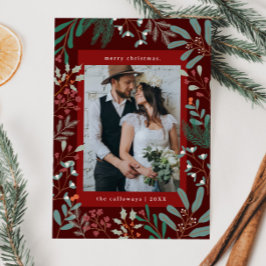 Carte de Noël Botanique Rouge Photo Holiday