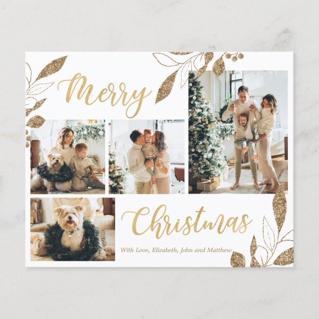 Carte de Noël Budget White and Gold Photo Collage (Devant)