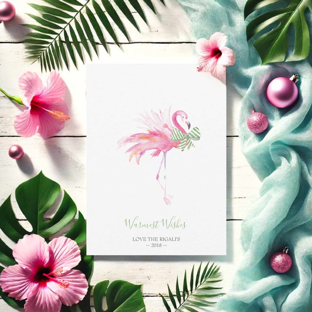 Carte de Noël, Carte de vacances, Flamant rose ros (Tropical pink flamingo Christmas card for pinkmas. Watercolor art by Victoria Grigaliunas)