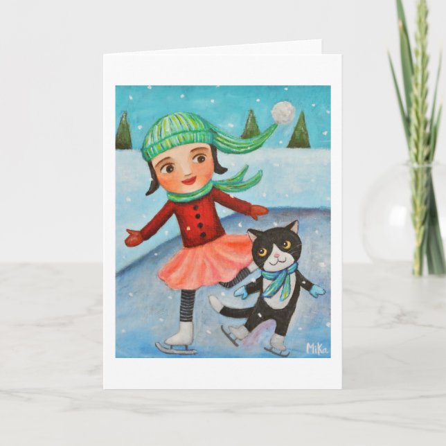 Carte de Noël Carte d'hiver Fille et chat Patinage (Devant)