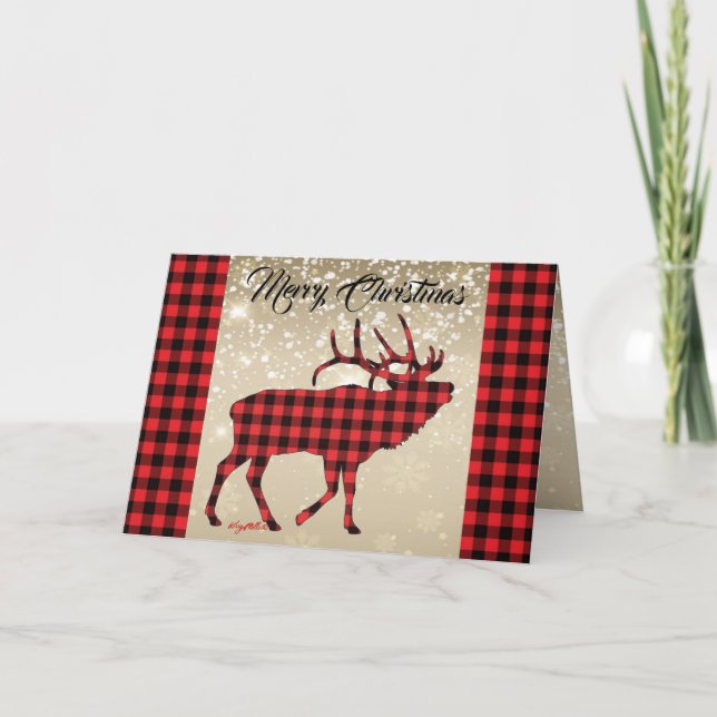 Carte de Noël Cerf Élaphant à carreaux rouge et no (Devant)