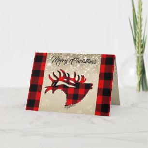 Carte de Noël Cerf Majestueux à carreaux rouges et