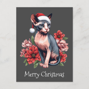 Carte de Noël   Chat Sphynx portant un chapeau de 