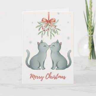 Carte de Noël Chatons qui s'embrassent sous le Gui