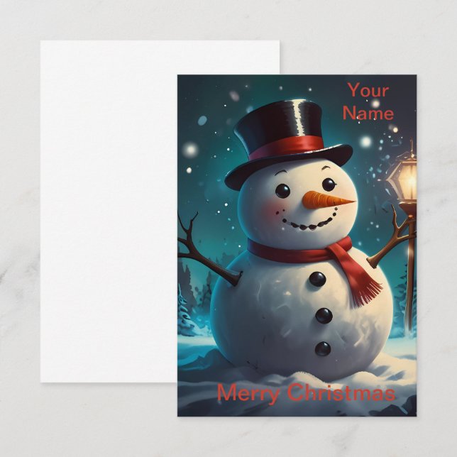 Carte de Noël Cheerful Snowman - Carte de fête. (Devant / Derrière)