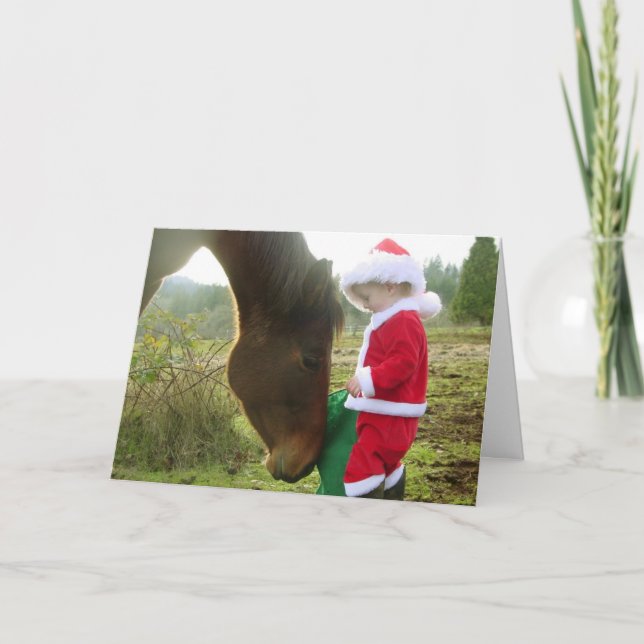 Carte de Noël Cheval et Enfant Père Noël (Devant)