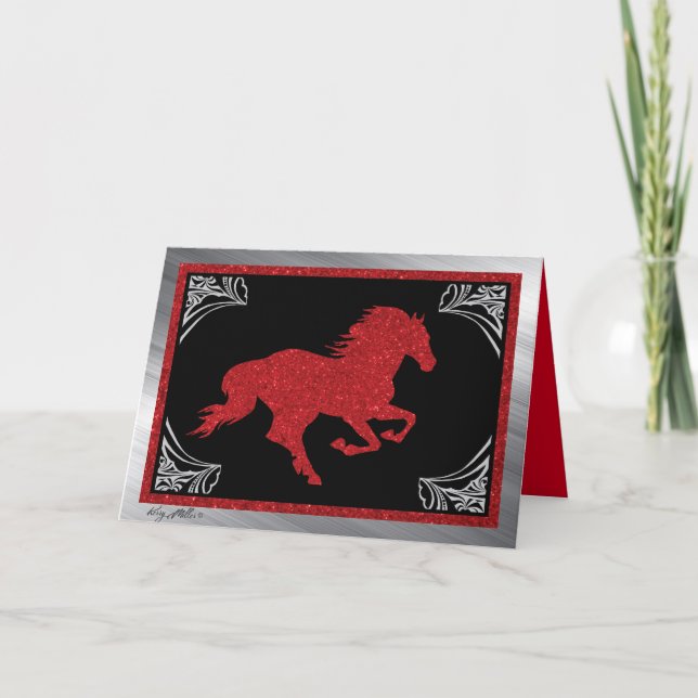 Carte de Noël Cheval Parties scintillant Rouge (Devant)