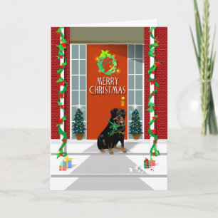 Carte de Noël - chien de rottweiler sur le porche
