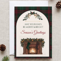 Carte de Noël classique à carreaux de cheminée