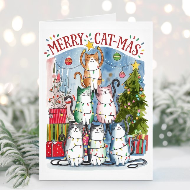 Carte de Noël Cute Aquarelle Merry Cat-Mas Cats (Créateur téléchargé)