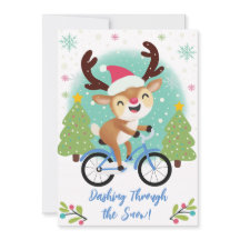 Carte de Noël Cute Reindeer sur un vélo bleu