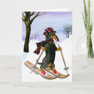Carte de Noël Dachshund Skiing