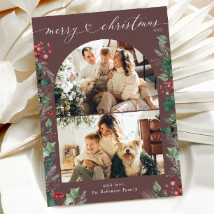 Carte de Noël Dark Mauve Botanical 2 Arc Photo