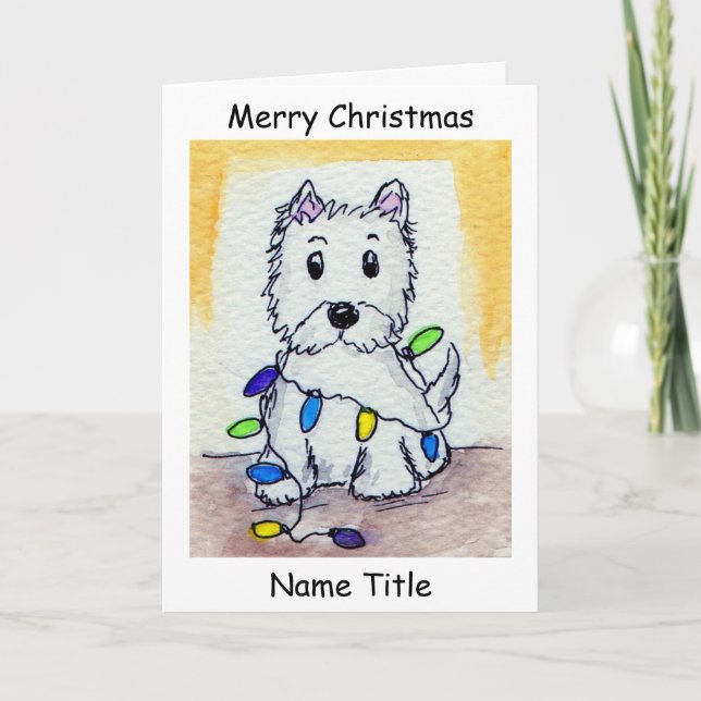 Carte de Noël d'art de lumières de Noël de Westie (Devant)