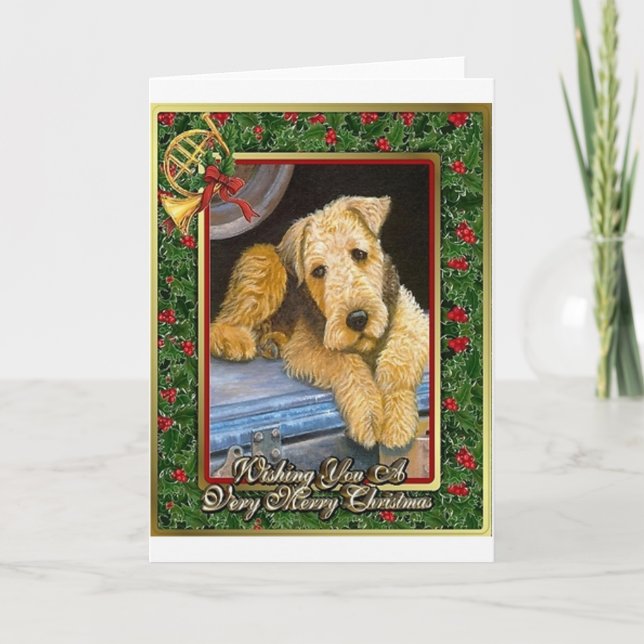 Carte de Noël de blanc de chien d'Airedale Terrier (Devant)