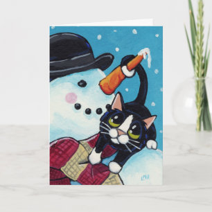Carte de Noël de bonhomme de neige de chat et de