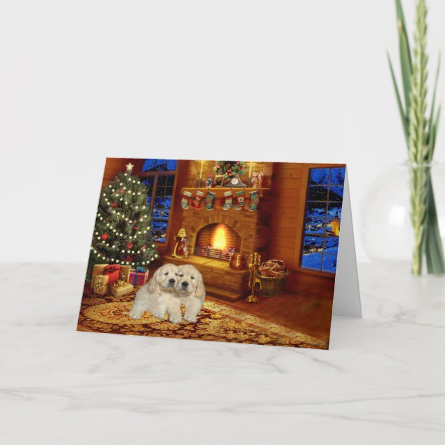 Carte de Noël de cheminée de golden retriever (Devant)