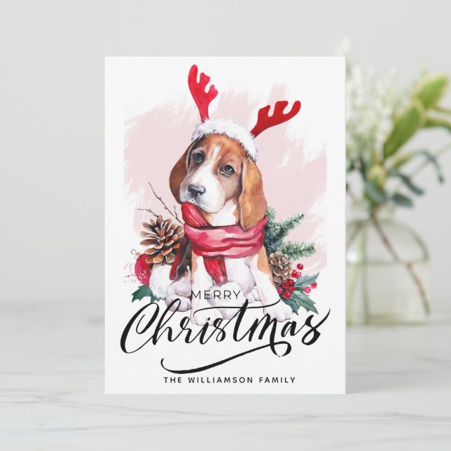 Carte de Noël de chien Beagle d'aquarelle (Debout devant)