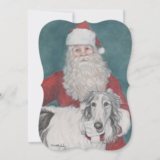 Carte de Noël de Chien de Borzoi et Père Noël (Devant)