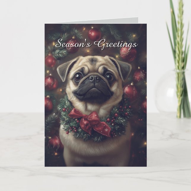 Carte de Noël de chien de Carlin adorable (Devant)
