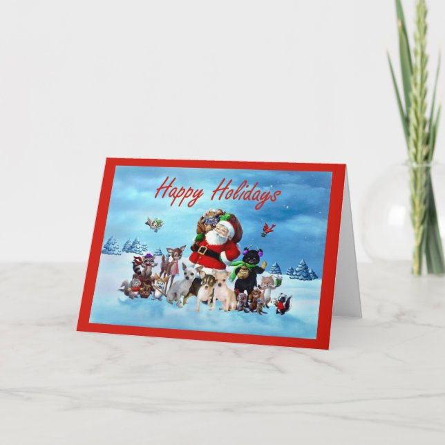 Carte de Noël de chiwawa Père Noël et animaux (Devant)