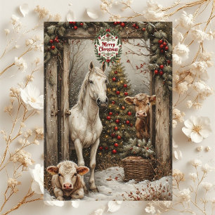 Carte de Noël de ferme rustique avec vache et chev