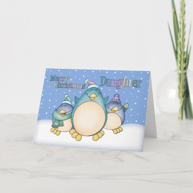Carte de Noël de fille avec pingouins (Devant)