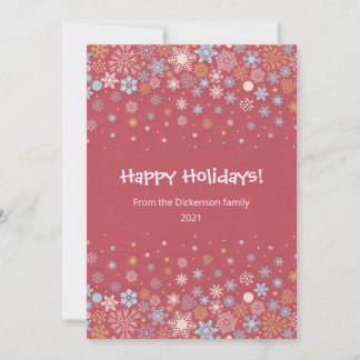 Carte de Noël de flocons de neige rose, bleu et or