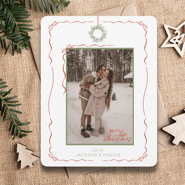 Carte de Noël de la ceinture rouge de la couronne  (Hand Drawn Wreath Red Bow Photo Christmas Card
)