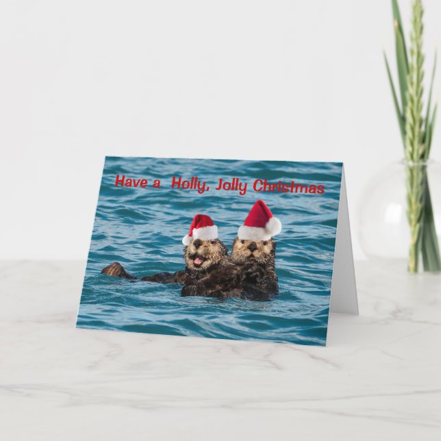 Carte de Noël de la faune, loutres portant des cha (Devant)