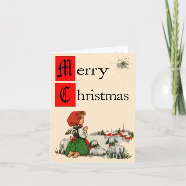 Carte de Noël de la fille de prière de style rétro (Devant)